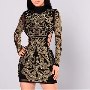 Shiny black lace long sleeve dress S small